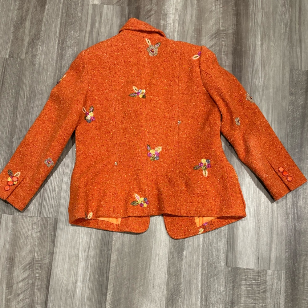 Vintage Orange Tweed Embellished Beaded Floral Blazer Jacket Women’s Lined Retro - Picture 2 of 3